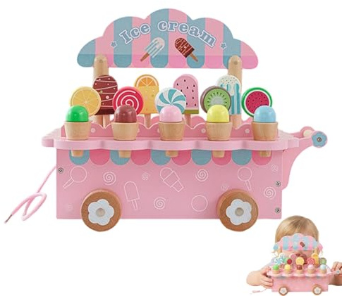 Spielzeug für Kinder – Holz 32 cm | Einkaufswagen zum Selbermachen eines fantasievollen Spiels | Bank für Eiswagen - für Restaurant Supermarkt | Küche Lebensmittel Picknick Geburtstag Rag