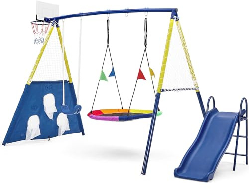 5-in-1 Kids Swing Set, Heavy Duty Metal Frame Swing and Slide Set for Backyard & Garden, Outdoor Play Equipment with Nest Swing seat for Boys Girls, 150kg Weight Capacity, Yellow & Blue