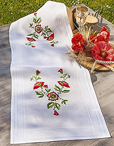 KAMACA Stickpackung Plattstich Stielstich vorgezeichnet Baumwolle komplettes Stickset mit Stickvorlage Stickerei-Kit zum Selbersticken Erwachsene (Mohnblumen Zauber TL 40x100 cm)