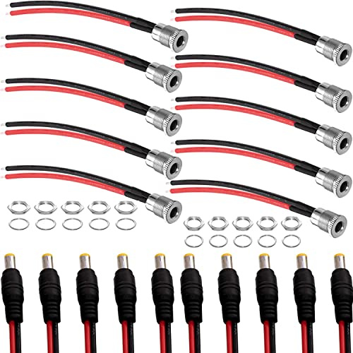 RUNCCI-YUN 18AWG 12V 5.5mmx2.1mm alimentazione Connettori DC a pannello jack, 10 DC Power Pigtail Cable 5.5 x 2.1mm,Per connettore femmina da pannello CCTV Home Security Surveillance Camera