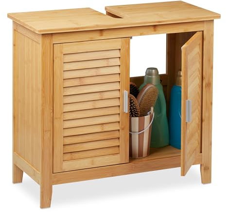 Relaxdays Waschbeckenunterschrank Bambus, HxBxT: 60x67x30 cm, 1 großes Fach, 2 Türen, magnetisch, Badunterschrank, Natur