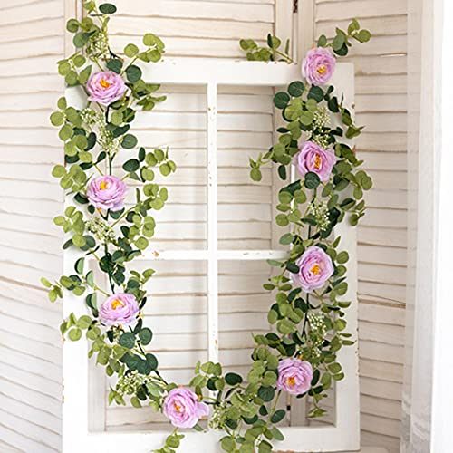 Künstliche Rosengirlande, 1,8 m, Seide, Eukalyptus, Pfingstrosen, zum Aufhängen, für Hochzeit, Zuhause, Tisch, Party, Garten, Dekoration, Blumen, Hellviolett