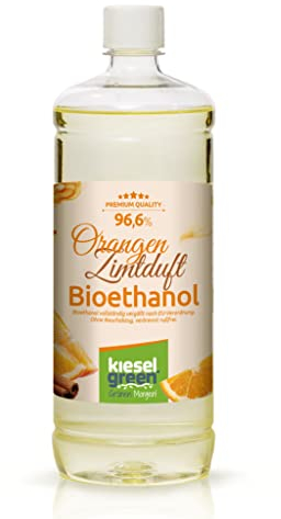 KieselGreen Bioethanol 1 Liter mit Duft für Ethanol-Kamin, viele Sorten - Bio Ethanol als Raumduft in vielen Duftnoten - Parfüm für Bio Ethanol Kamin Indoor oder Bioethanol Tischfeuer (Orange/Zimt)