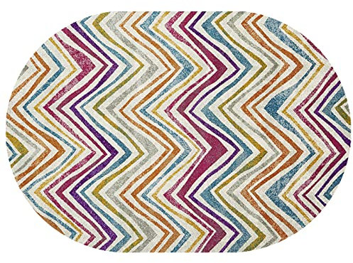 Teppich Oval Moderner Läufer Orientteppich Kurzflor Flur Schlafzimmer Küche Wohnzimmer rutschfest Waschbar, Gelbe rote Blaue purpurrote Mehrfarbenstreifen Oval 80 x 150 cm