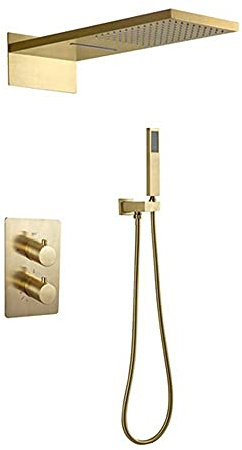 LUNEZY Mitigeur thermostatique de Douche Cascade 500X220mm Système de Douche Noir à Double Fonction avec pommeau de Douche et Ensemble de tuyaux - Doré
