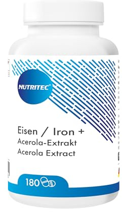 Nutritec Eisen aus Eisenbisglycinat-Chelat & 80 mg natürlichem Vitamin C aus Acerola-Extrakt - 180 vegane Tabletten - passend dosiert mit 15 mg Eisen pro Tablette - deutsche Qualität