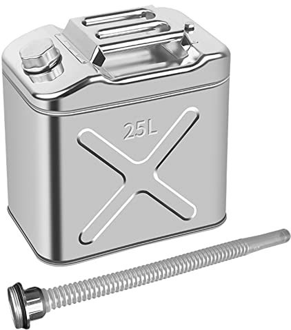 Asudaro Edelstahl Benzinkanister Auto Kanister Halter Silber Auto Kanister Halter Kaltgewalzter Verdickter Benzintank Vertikaler Quadratischer Metalltank mit Führungsrohr,mit 3 Griffen,10L/20L/25L 25L