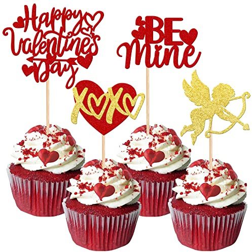 Xsstarmi 24 Stück Happy Valentine's Day Cupcake Topper Glitzer Amor Love Heart Be Mine Cupcake Picks für Valentinstag Thema Hochzeit Party Kuchen Dekorationen Zubehör Rot