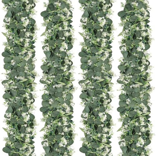 SOMYTING 4 Stück Girlande Eukalyptus Künstlich mit Weiße Blumen Silberdollar Girlande grün Künstliche Pflanze Hängepflanze Tischläufer Eukalyptus für Hintergrund Hochzeit Dekoration Tischdekoration