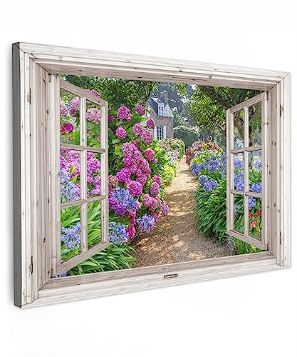 MuchoWow© Wandbilder Schlafzimmer Home Deko Wohnung Bild Wohnzimmer | 60x40 cm - Fotoleinwand Wand Bilder Leinwand Wall Decor Hortensie - Fensterblick - Blumen - Sommer - Lila - Weg
