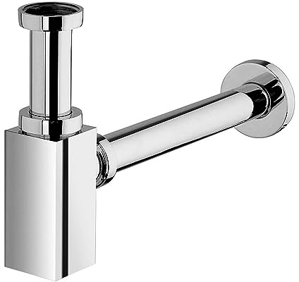 Sifone di scarico universale 1”1/4 per lavabo d’appoggio o sospeso, quadrato in ottone cromato lucido, ispezionabile con attacco standard