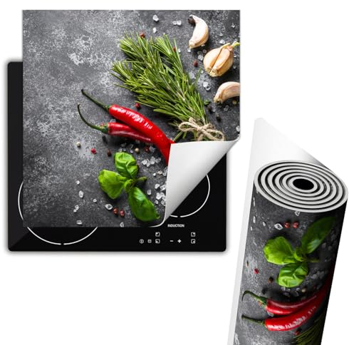 TMK ArtDeko Herdabdeckplatte Einteilig Küche Herdabdeckung Ceranfeld Herdabdeckplatten Anti Rutsch Matte Aufrollbar 60x52 cm, Gewürze Chili Schiefer