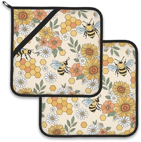 Retro Groovy Flower Bee Honeycomb Pot Holder Set of 2,Heat Resistant Potholders Oven Hot Pads for Kitchen Cooking Baking BBQ