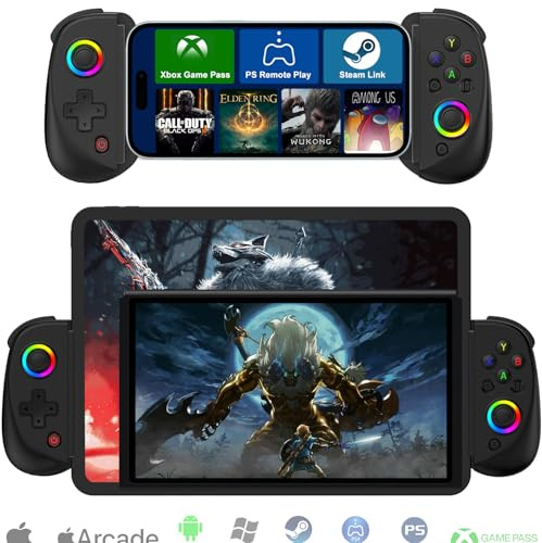 Wireless Controller for iPad, Tablet, iPhone/Android/PC/Switch/PS3/PS4 Gamepad Joystick with 7-color RGB lights, Turbo, Supports Mobile Cloud Game, Streaming on PS/Xbox/PC Console, iPhone 16/15 Controller, Black