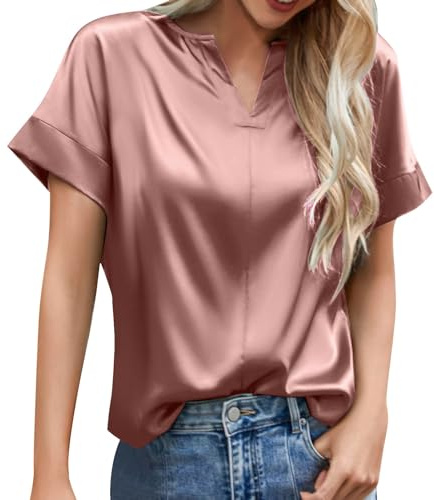 Satin Bluse Damen Elegant Kurzarm Basic Tunika Einfarbig V-Ausschnitt Oberteile Sommer Tops T Shirt Hemden Damen Blusen Kurzarm Sommer Bluse Damen Elegant Kurzarm (RD2, XL)