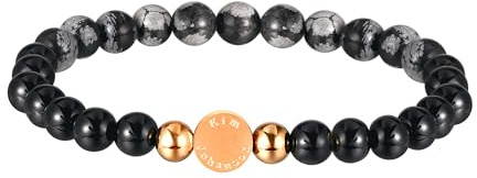 Kim Johanson® Damen Naturstein Armband mit Onyx, Alabaster & Edelstahl Beads I Perlenarmband mit echten 6mm Edelsteinen I Elastisches Kugelarmband I Handgemacht I Wasserfest I Schmuckbeutel