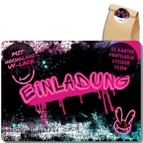 celebr8te 12x Graffiti Einladungskarten - Für den Kindergeburtstag von Mädchen - pinke Neon Graffiti Geburtstagseinladungen +12 Sticker +12 Geschenktüten