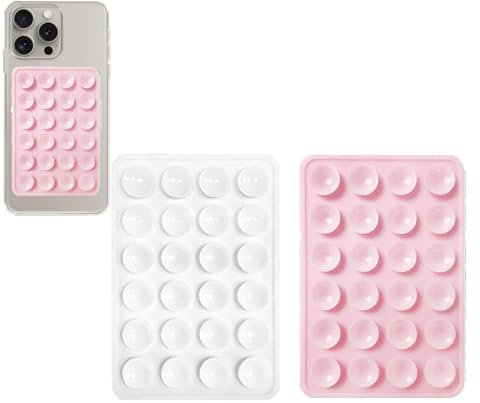 2PCS Silicone Suction Phone Case Adhesive Mount,Leeneen 2.2″ x 3.2″Hands-Free,Strong Grip Holder for Selfies and Videos,Durable,Easy to Use,For All Phone (White Light pink)