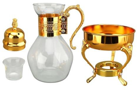 Glass Teapot Set, Glass Coffee Pot Glass Teapot with Warmer Turkish Teapot Vintage Style Tea Kettle Clear Glass Teapot with Lid and Cup (Gold)