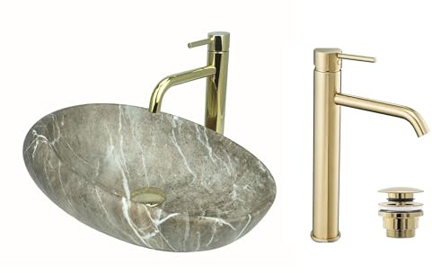 GTM Design s Lavabo à poser, mat, avec robinet et bouchon, ovale, pour salle de bain, moderne, sans trou de robinet, modèle 2