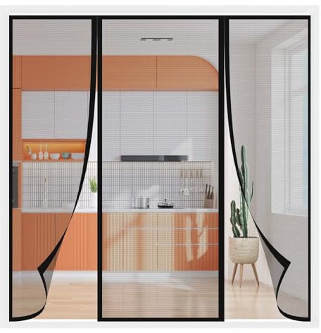 Insektenschutz Tür Vorhang 240x235(W*H) Polyester Lamellenvorhang mit Klettband Klettverschluss Klemmleiste Fliegenvorhang Kinderleichte Klebemontage Black
