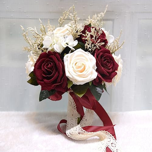 Nvzi Bouquet da sposa per damigella d'onore, rose artificiali rosse per la decorazione di matrimoni e chiese
