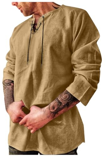 Bauzuoyo Chemise médiévale pour homme en lin à manches longues, style rétro, avec lacets, style gothique, style viking, décontracté, estival, de pêcheur, coupe régulière, kaki foncé, L