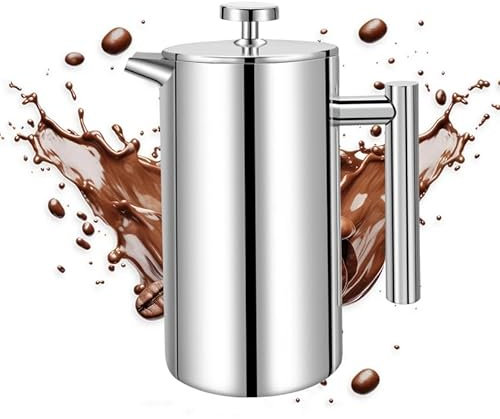 Xinng Cafetière à piston, Théière en acier inoxydable, Tasse à piston à double paroi résistante à la chaleur, Machine à café expresso, 1000ml