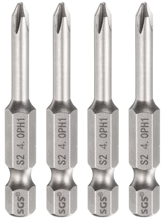 sourcing map Lot de 4 embouts de tournevis cruciformes PH1 à tige hexagonale de 50 mm de long avec tige magnétique cruciforme en acier S2 pour outils électriques, gris