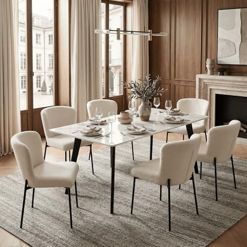 CLIPOP Boucle Esszimmerstühle 6er Set Stühle Esszimmer, Teddy Stoff Küchenstühle Dining Chairs mit schwarz Metallbeinen (Beige, 6er Set)