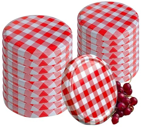 Oyiclyea 18 Pieces Polished Metal Twist-off Lids, Twist On Jam Jar Lids, Gingham Jam Jar Covers, Reusable Sealing, Preserving Leak Proof, for Preserving, Sauce and Storage Jars, Red Plaid