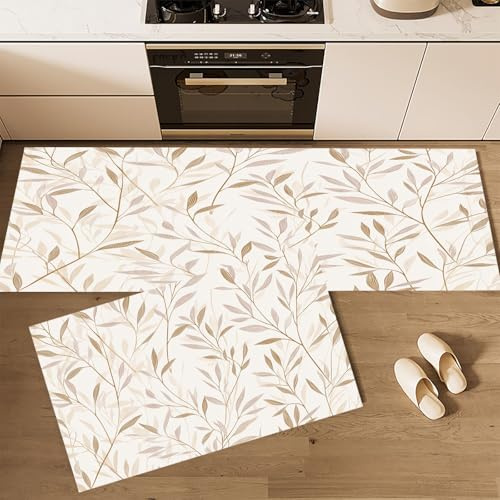CEDNXOER Set di 2 Tappeti da Cucina, Tappetini da Cucina Lavabili Eleganti Foglie Di Salice, Runner Antiscivolo Campagna Piante, Tappetino Assorbente per Ingresso, 50×80cm+50×160cm Crema