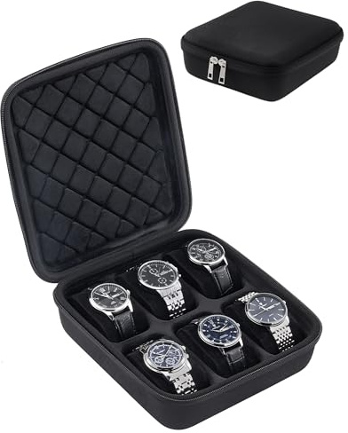 ProCase Travel Watch Case, 6 Slots Hard Shell Storage Box for Watch Bracelet Accessories, Zippered Organizer Bag for Women Men -Black