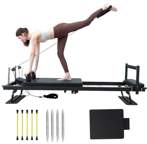 Faltbare Pilates Reformer, Pilates Reformer für Zuhause mit Sprungbrett und Doppeltwiderstand, 4 Federn und 5 Seile für Studio und Zuhause,D