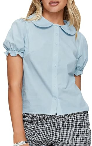 Peter Pan Collar Button Down Shirts for Women Solid Doll Neck Short Puff Sleeve Preppy Blouse Babydoll Tees (Blue, S)
