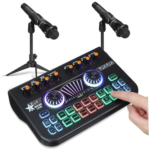 E300 Audiomixer mit Dual Mikrofon Design für Podcasts und Djs | Schwarz, 1 Satz, Metall und Kunststoff, für Live Auftritte und Professionelle Nutzung