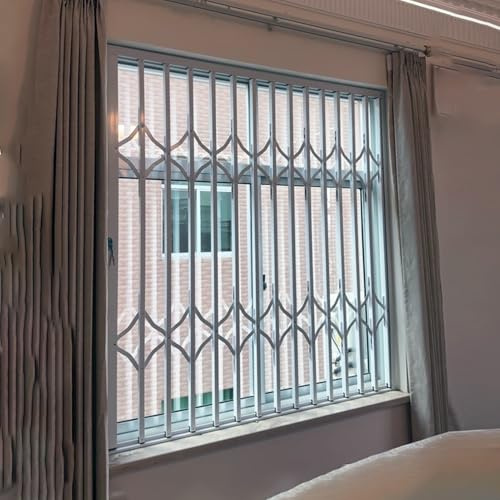 Garde Corps Fenetre Barreaux et Grilles de Sécurité pour Portes-fenêtres Coulissantes, Rail de Porte Intérieur/Extérieur/Grilles de Sécurité Fenêtres Serrure, Pliante(W115xH210cm/45x82in)