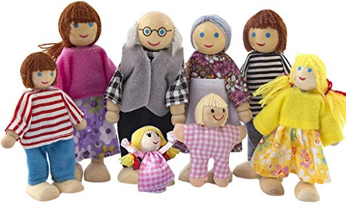 Generisch Holzpuppen Familie, 8-teilig - Bewegliche Puppenhaus Familie aus Holz mit Mama, Papa, Kindern - 8 Figuren Set Kinder - Spielzeug & Deko für Puppenhäuser (8-teilig)