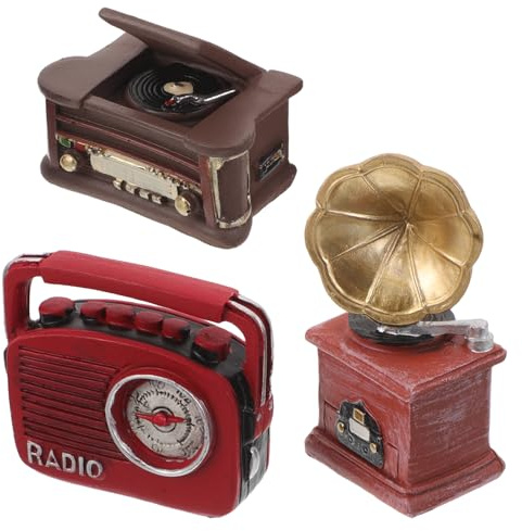 FUNOMOCYA Phonographe Rétro Miniature en Résine 3 Pièces – Ornement Vintage Tourne-Disque, Radio et Gramophone – Décoration Intérieure pour Maison de Poupée, Accessoires Fête Musicale