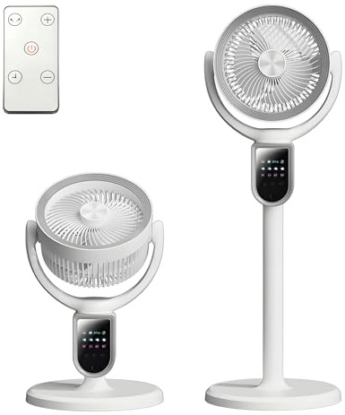 Ventilador de Pie Silencioso para Dormitorio, Inalámbrico Recargable, Flujo 16m, Motor DC, 30dB, Oscilación 80°+90°, 10 Velocidades, Altura 4 en 1 (110cm), Luz Nocturna LED, Temporizador 10H, Mando
