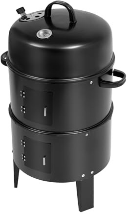 Horno para ahumar 3 en 1 con termómetro y chimenea, barbacoa de carbón vegetal con 2 rejillas de acero inoxidable, barril de ahumar compacto con cuenco de agua esmaltado para jardín y camping