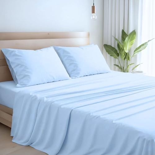 MAXIME MAISON - Completo Lenzuola Una Piazza e Mezza Francese in Puro Cotone 100% Made in Italy, con 2 Federe Incluse, Tocca con Mano la Qualità di un Tessuto in Fibra Naturale (Celeste)