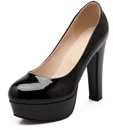 Veelau Meieer Women's Platform Court Shoes Funnel Heel in Patent Look, Black lacquer, 10 UK | Round toe high heels with platform, elegant slip-on heels for wedding, office, party, prom and evening