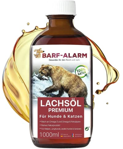 1 Liter Premium Lachsöl für Hunde mit Omega 3 und Omega 6 Fettsäuren – Fischöl für den Hund & Katze – Barf Lachs für Welpen Adulte Senioren, Katzen & Sporthunde