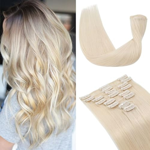 TESS Clip in Extensions Echthaar, 8pcs Clip in Haarverlängerung Remy Echt Haare Natürliche 18 Clips 8 Tressen Clip in Extensions Human Hair 65g 40 cm Platinblond