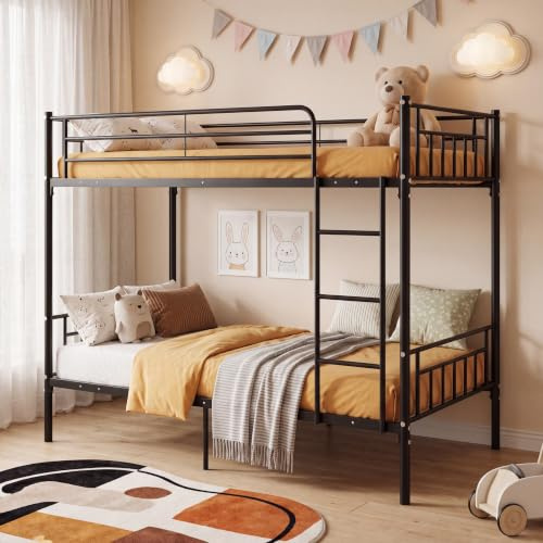 Panana Twin Over Twin Bunk Beds, Modern 3FT Single Metal Bed Frame Home Sleep For Kids/Adult Children Bed Frame With Stairs (Black)