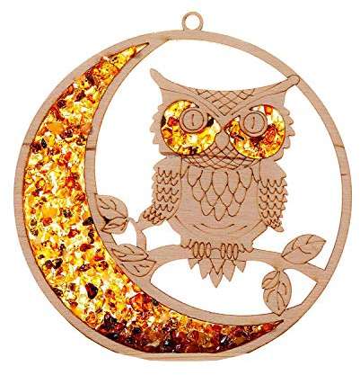 Raduly Cattura Sole Suncatcher Ambra in Betulla Gufo & Luna Immagine della Finestra Decorazione per la Finestra, Ø 10