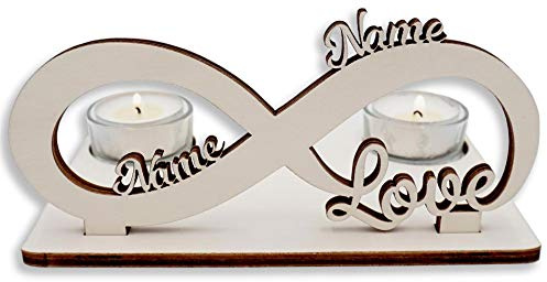 Namofactur personalisierter Liebes-Teelichthalter mit Namen | Mit beiden Namen und zwei Teelichtgläsern; für Hochzeit, Verlobung, Jahrestag oder Valentinstag als Paar-Deko