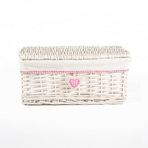 Wicker Storage Hamper with Lid with Liner Gift Hamper Wicker Basket Storage (White, Small)