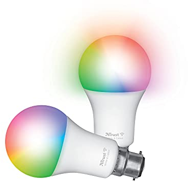 Trust WiFi B22 Smart Lampe, Farbwechsel LED Birne, Leuchtmittel für Alexa und Google Home, Kein Hub Erforderlich, 2.4GHz Glühbirne RGB, WI-Fi Lampe, Weiß und Farbig - 2er-Pack